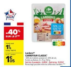 LE PORC FRANCA  -40%  SUR LE 2  Vendu seul 1€  Lekg: 1167€  Le produ  05  Classic  LARDONS FUMES  Lardons  CARREFOUR CLASSIC  50% de matières grasses et 30% de sel Fumés ou Nature, 2x 75 g 150 g  Soit