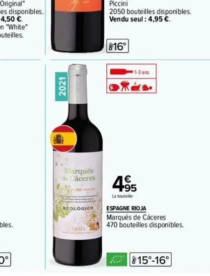 2021  marqués de cáceres  ecológico  suoja  16°  1-3 ans  do  4⁹5  la bouteille  espagne rioja  marqués de cáceres  470 bouteilles disponibles.  815°-16° 