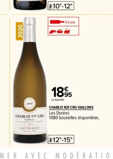 2020  LES DORSES  10°-12°  3-5 ans  CHABLIS 1ER CRU VAILLONS Les Dorées  CHABLIS 1 CRU 1080 bouteilles disponibles.  Vaillons  1895  La bouteille  812°-15°  AVEC MODÉRATION. 