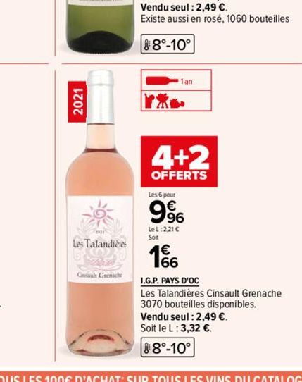 2021  Les Talandières  Cinsault Grenache  Vendu seul : 2,49 €.  Existe aussi en rosé, 1060 bouteilles  88°-10°  『紫  1an  4+2  OFFERTS  Les 6 pour  9%  LeL:221 € Soit  1€  166 