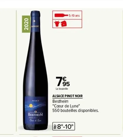 2020  alsace  bestheim  cour de e  5-10 ans  795  la bouteille  alsace pinot noir  bestheim  "cœur de lune"  550 bouteilles disponibles.  88°-10° 