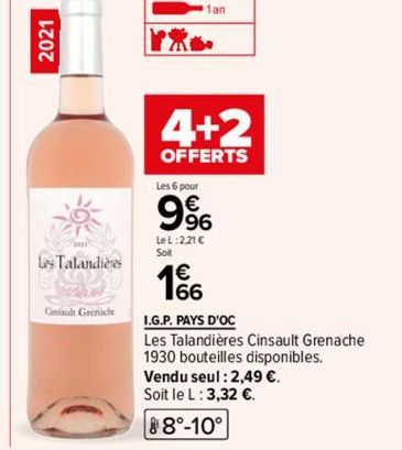 2021  Les Talandières  Cinsault Grenache  『紫  1an  4+2  OFFERTS  Les 6 pour  9%  LeL:221 € Soit  166  I.G.P. PAYS D'OC  Les Talandières Cinsault Grenache  1930 bouteilles disponibles.  Vendu seul : 2,