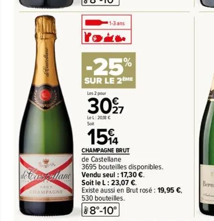 de castellane  skut  champagne  1-3 ans  %  -25%  sur le 2eme  les 2 pour  3097  le l: 2018 €  soit  15%4  champagne brut  de castellane  3695 bouteilles disponibles.  vendu seul : 17,30 €.  soit le l