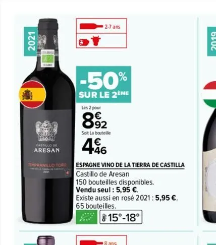 2021  s  a  castillo de  aresan  tempranillo toro  2-7 ans  -50%  sur le 2eme  les 2 pour  892  soit la bouteille  4.46  espagne vino de la tierra de castilla  castillo de aresan  150 bouteilles dispo