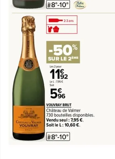 chateau valmer vouvray  2-3 ans  reffers  france  -50%  sur le 2eme  les 2 pour  1192  le l:7,95 €  soit  5%  vouvray brut  château de valmer  730 bouteilles disponibles.  vendu seul: 7,95 €. soit le 