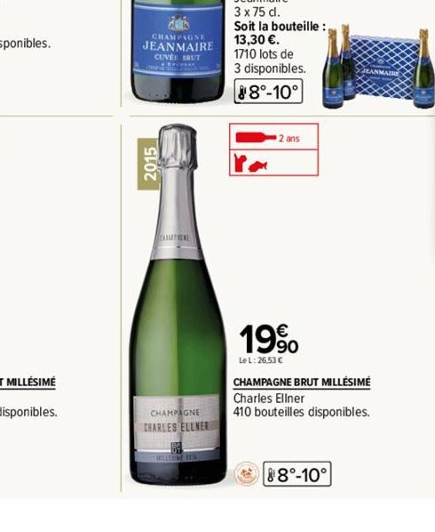 CHAMPAGNE  JEANMAIRE  CUVE BRUT  2015  CHAMPERE  CHAMPAGNE  CHARLES ELLNER  2 ans  19%  Le L: 26,53 €  CHAMPAGNE BRUT MILLÉSIMÉ  Charles Ellner  410 bouteilles disponibles.  88°-10° 