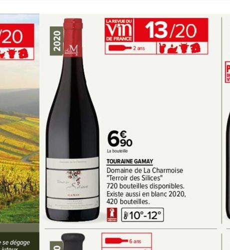 2020  CAMAY  LA REVUE DU  DE FRANCE  6%  La bouteille  2 ans  TOURAINE GAMAY  Domaine de La Charmoise "Terroir des Silices"  13/20  720 bouteilles disponibles. Existe aussi en blanc 2020, 420 bouteill