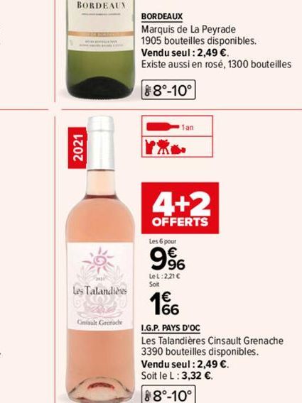 2021  Les Talandières  Cinsault Grenache  BORDEAUX  Marquis de La Peyrade  1905 bouteilles disponibles.  Vendu seul : 2,49 €.  Existe aussi en rosé, 1300 bouteilles  88°-10°  『紫  1an  4+2  OFFERTS  Le