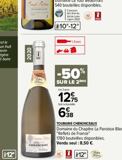 12°  2020  Haut Pritra  SAUVIGNON BLANC  FRA  2  Pautest Bone CHENONCEAUX  Concours des Vins du  Val de Loire Ligers 2022  810°-12°  1-2 ans  -50%  SUR LE 2EME  Les 2 pour  12,95  75  Soit La bouteill