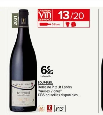 2021  pitault landry  bourgueil  la revue du  de france  695  la bouteille  #  bourgueil  domaine pitault landry  "vieilles vignes"  1335 bouteilles disponibles.  5-8 ans  13/20  813⁰ 