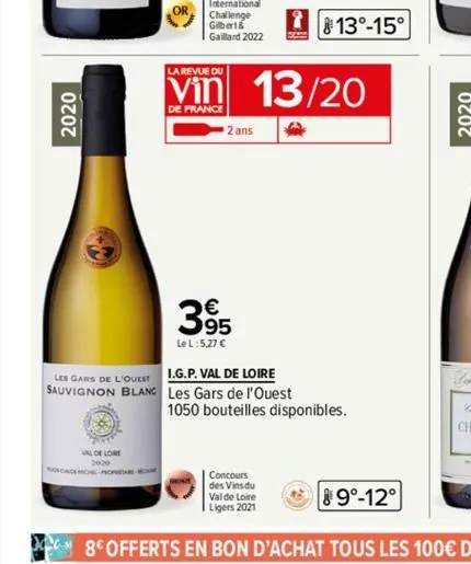 2020  valde lore  cademchel horar  la revue du  international challenge gilbert gaillard 2022  de france  2 ans  395  le l:5,27 c  les gars de l'ouest  i.g.p. val de loire sauvignon blanc les gars de 