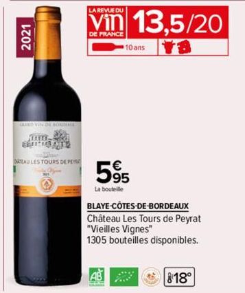 2021  mu-ild CENTE  DATEAU LES TOURS DE PEYRO  10 ans  595  La bouteille  AB  BLAYE-CÔTES-DE-BORDEAUX Château Les Tours de Peyrat "Vieilles Vignes"  1305 bouteilles disponibles.  818° 