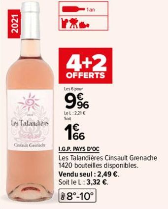 2021  Les Talandières  Cinsault Grenache  『紫  1an  4+2  OFFERTS  Les 6 pour  9%  LeL:221 €  Soit  I.G.P. PAYS D'OC  Les Talandières Cinsault Grenache 1420 bouteilles disponibles.  Vendu seul : 2,49 €.