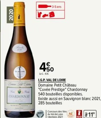 2020  simon hill chila  chardonnay  3-5 ans  4.50  le l:6€  l.g.p. val de loire domaine petit château "cuvée prestige" chardonnay 540 bouteilles disponibles.  existe aussi en sauvignon blanc 2021, 285