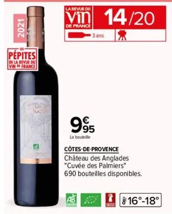 2021  pepites  de la revue du vin de france  la revue du  de france  3 ans  995  la bouteille  14/20  côtes-de-provence  château des anglades  "cuvée des palmiers"  690 bouteilles disponibles.  ab 16°