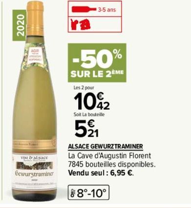 2020  VDI d'Alsace  Gewurztraminer  3-5 ans  -50%  SUR LE 2ÈME  Les 2 pour  10%2  Soit La bouteille  521 
