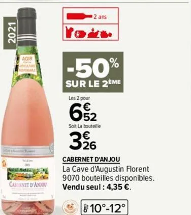 2021  cabernet d'anjou  2 ans  -50%  sur le 2eme  les 2 pour  652  €  soit la bouteille  3% 6 