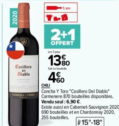 2020  casillero diablo  del  conchay toro  5 ans  2+1  offert  les 3 pour  13%  soit la bouteille  400 