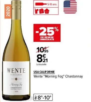 2020  wente  vineyards  morning jog  chardonnay  5-10 ans  184  -25%  de remise immediate  10% 89₁1  la bouteille  usa californie  wente "morning fog" chardonnay  8°-10° 