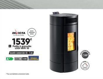 BOD DESIGN  2002  INVICTA  1539€  Poêle à granulés LODI WIFI 10  Garantie commerciale (A): 2 ans  A NORME EN 14785  Ⓒ20 