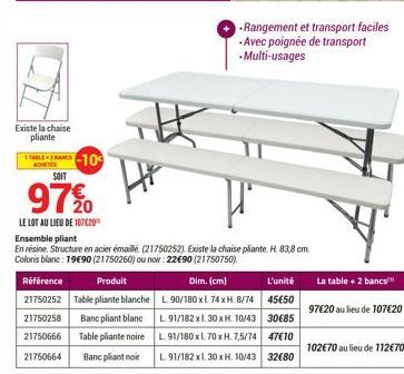 Existe la chaise pliante  TABLERANCS-109 SOIT  97%0  LE LOT AU LIEU DE 107820  Ensemble pliant  En résine. Structure en acier émaillé (21750252). Existe la chaise pliante. H. 83,8 cm. Coloris blanc: 1