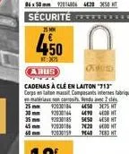 sécurité  25 mm  45  60  7€  450  t: 2071  abus  omed  cadenas à clé en laiton "713"  corpsentation mass composants internes fabriqués  ende avec 2 d  man 25mm 92030184  30 mm  15  50:375 ht  leto leo