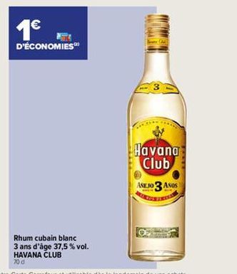 1€  D'ÉCONOMIES  Rhum cubain blanc 3 ans d'âge 37,5% vol. HAVANA CLUB  70 d  Havana Club  ASEJO 3 ANOS 