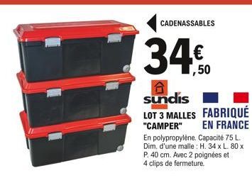 CADENASSABLES  1,50  sundis LOT 3 MALLES FABRIQUÉ EN FRANCE  "CAMPER"  En polypropylène. Capacité 75 L. Dim. d'une malle: H. 34 x L. 80 x P. 40 cm. Avec 2 poignées et 4 clips de fermeture. 