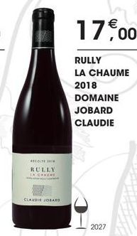RECOME I  RULLY  LA CRAUME  CLAUDIE JOBARD  RULLY  LA CHAUME 2018  DOMAINE  JOBARD  CLAUDIE 