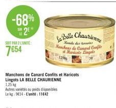 -68%  S2E  SOIT PAR 2 L'UNITÉ:  7654  La Belle Chaurienne  Rende des ten  Manchens de Canard Confite at Maricels Lingets  Manchons de Canard Confits et Haricots  Lingots LA BELLE CHAURIENNE  1,25 kg  