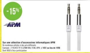 APM  Sur une sélection d'accessoires informatiques APM  De nombreux articles à des prix differents  Exemple: 2 FICHES TV 9,52MM MAL FEML APM à 1661 au lieu de 190 Dont DE02 d'éco-participation 