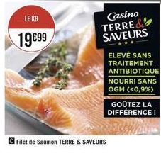 LE KG  19€99  Casino  TERRE& SAVEURS  Filet de Saumon TERRE & SAVEURS  ELEVÉ SANS  TRAITEMENT  ANTIBIOTIQUE  NOURRI SANS OGM (<0,9%)  GOÛTEZ LA DIFFÉRENCE! 
