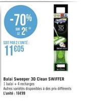 -70%  2E  SOIT PAR 2 UNITE  11605  Balai Sweeper 30 Clean SWIFFER 1 balai + 4 recharges  Autres varietés disponibles à des prix différents L'unité: 16€99 