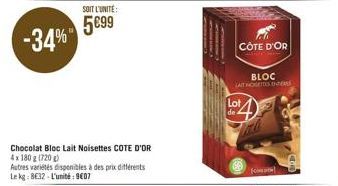 -34%  Chocolat Bloc Lait Noisettes COTE D'OR 4x 180 g (720g)  Autres varietés disponibles à des prix différents Lekg:832-L'unité: 9€07  SOIT L'UNITE:  5€99  CÔTE D'OR  BLOC LAIT HOGETS HERS  Lot  de 