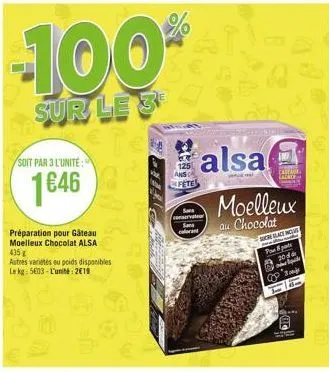 -100%  sur le 39  soit par 3 l'unite:  1646  préparation pour gâteau moelleux chocolat alsa  435 € autres varietés eu poids disponibles le kg: 503-l'unité: 2€19  @5  pifik  125 ans fete  comm  alsa  s