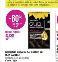 -60% 2 olia  garnir  soit par 2 l'unite:  5€81  coloration cheveux 4.0 chatain pur olia garnier  autres nuances disponibles l'unité: 8€29 