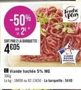 -50% 2e  soit par 2 la barquette:  4€05  viande hachée 5% mg  300g  le kg: 18600 ou x2 13650-la barquette: 5640  tendre  splas  viande bovine francrive 