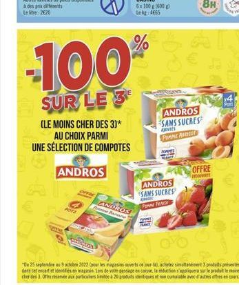 www  ANDROS  POTS  -100  SUR LE 3  (LE MOINS CHER DES 3)*  AU CHOIX PARMI UNE SÉLECTION DE COMPOTES  OFFRE  GODNOS  ANDROS Rome Banane  %  ANDROS  SANS SUCRES  Apovies POMME APRICOT  ANDROS  SANS SUCR