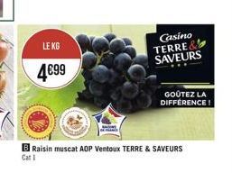 LE KG  4699  Casino TERRE& SAVEURS  B Raisin muscat AOP Ventoux TERRE & SAVEURS  Cat 1  GOÛTEZ LA DIFFÉRENCE! 