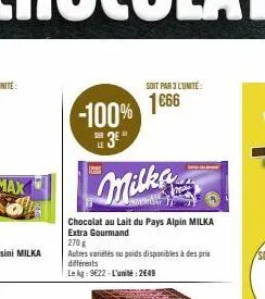 ha  -100% 1666  3⁰"  milka  chocolat au lait du pays alpin milka extra gourmand  270 g  autres variétés ou poids disponibles à des prix différents  le kg: 9€22-l'unité: 2649  le  soit par 3 lunité: 