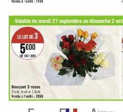 Bouquet 3 roses 50cm, bouton 4,5cm Vendu à l'unité : 2669  Valable du mardi 27 septembre au dimanche 2 octobre  LE LOT DE 3  5600  UT1087 LINE 