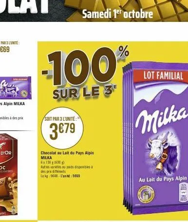 -100%  sur le 3  soit par 3 l'unité:  3€79  samedi 1er octobre  chocolat au lait du pays alpin milka  6x 100 g (600g)  autres variétés ou poids disponibles à  des prix différents  le kg 9648- l'unité: