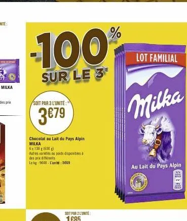 -100%  sur le 3  soit par 3 l'unité:  3€79  chocolat au lait du pays alpin milka  6x 100 g (600g)  autres variétés ou poids disponibles à  des prix différents  le kg 9648- l'unité: 568  lot familial  
