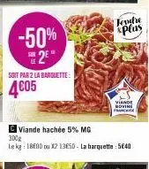 -50% 2e  soit par 2 la barquette:  4€05  viande hachée 5% mg  300g  le kg: 18600 ou x2 13650- la barquette: 5€40  tendre  splas  viande  govine france 