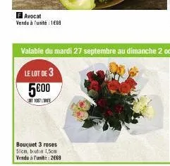 f avocat  vendu à l'unité : 1€69  bouquet 3 roses 50cm, bouton 4,5cm vendu à l'unité : 2669 