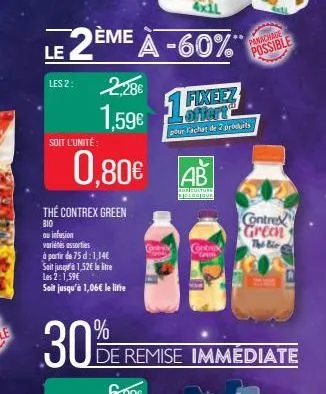 soit l'unité  4x1l  le 2ème à -60%**  les 2:  0,80€  2,28€  1,59€ 19  the contrex green  810 ou infusion  variétés assorties  à partir de 75 d: 1,14€ sait jusqu'à 1,52€ le litre les 2:1,59€ soit jusqu