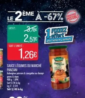 le 2ème à -67%  les 2: 3,786 2,51€  1  fixeez  pour l'achat de 2 produits  soit l'unité  1.26€  sauce légumes du marché panzani  aubergines poivrons & courgettes ou champi  gnons & cèpes  400g: 1,89€ 