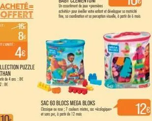 sac 60 blocs mega bloks classique ou rose; 7 couleurs mixtes, sac écologique et sans pvc, à partir de 12 mois  126 