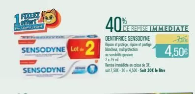 1527  of 1  sensodyne lot2  sensodyne  40%  dentifrice sensodyne répare et protége, répare et protège blancheur, multiprotection au sensibilité gencives 2x 75 ml  remise immédicte en caisse de 3€, soi