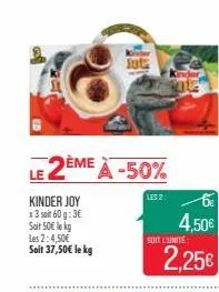 le 2ème à -50%  les 2  kinder joy 13 soit 60 g: 3€ soit 50€ lekg les 2:4,50€ soit 37,50€ le kg  suta  4,50€  2,25€  soit l'unité 